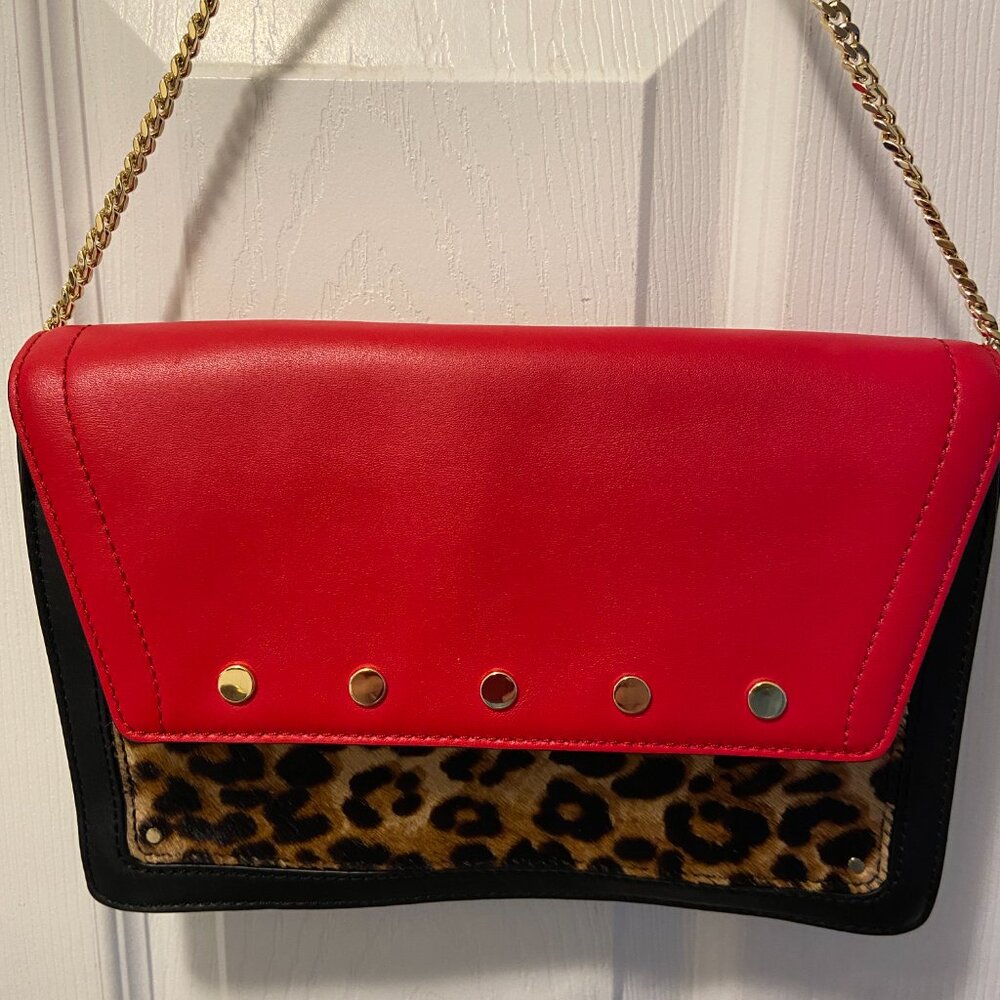 Milly Leopard, Red, and Black Leather Purse